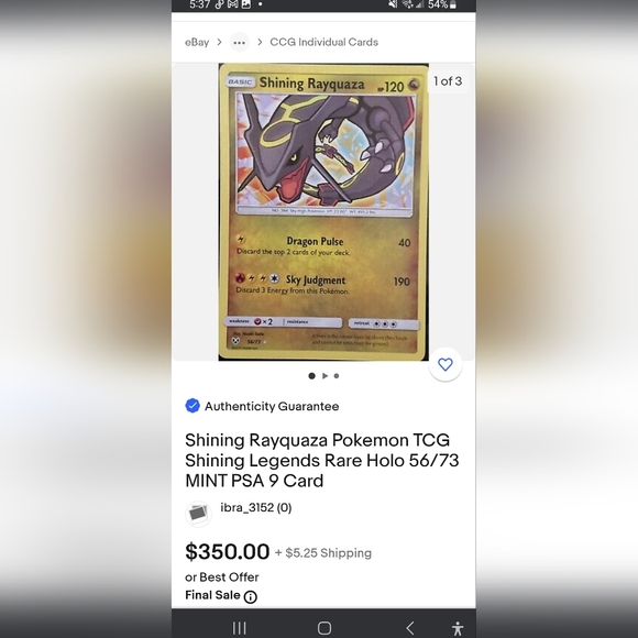 Shining Rayquaza Pokémon TGC Shining Legends Rare Holo 56/73 (Ungraded) - Picture 5 of 5